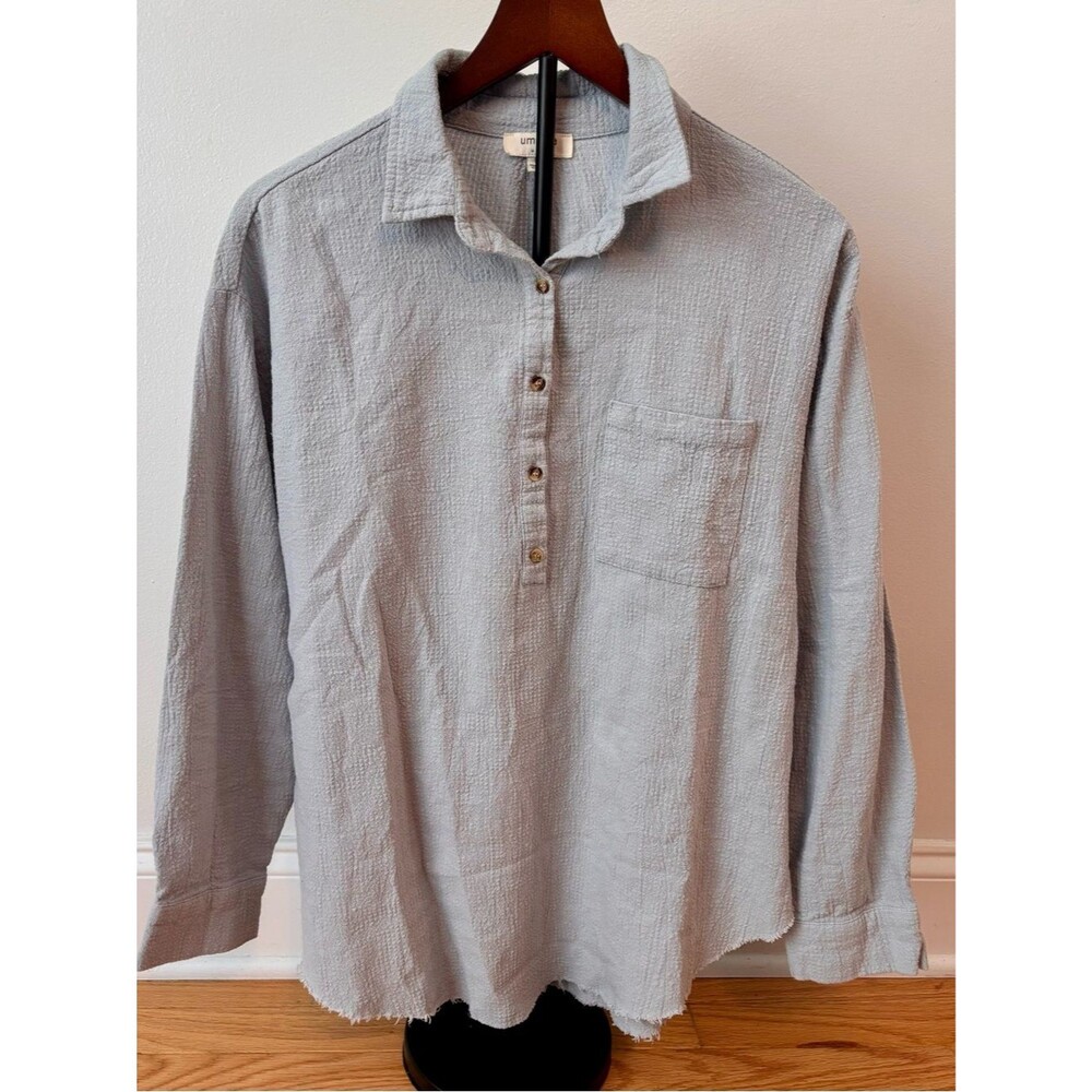 Umgee Textured 100% Cotton Tunic Top Light Blue Raw Hem Oversized Boho Size M